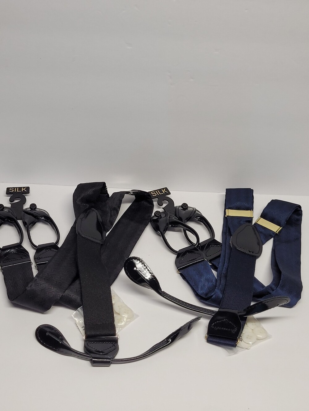 Mens Wharehouse Set Of 2 Pronto Uomo Black and Navy Silk Basketweave Suspenders